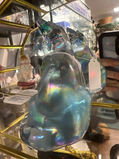 Fenton hand painted blue opal iridescent sitting cat