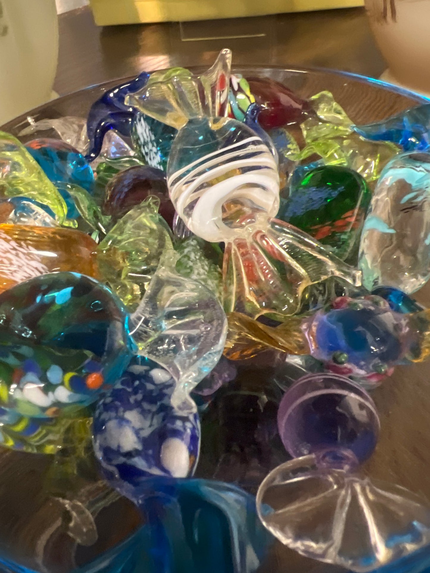 Murano candy dish filled with hand blown candies
