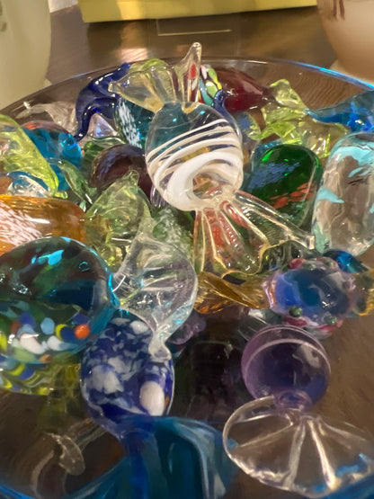 Murano candy dish filled with hand blown candies
