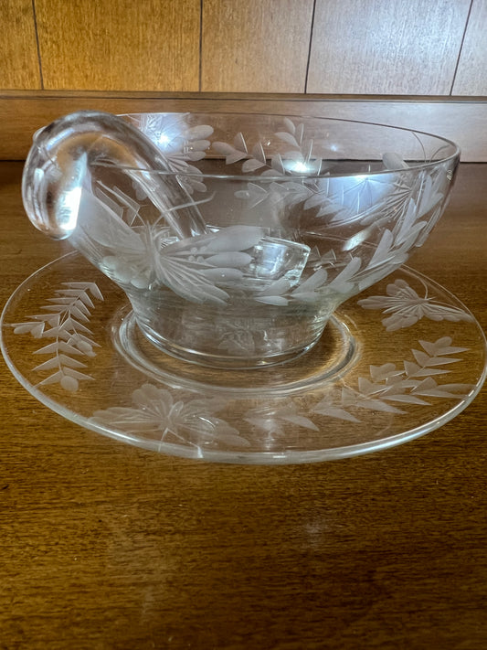 Butterfly Floral Etched Mayonnaise Condiment Bowl with Underplate and Ladle Spoon