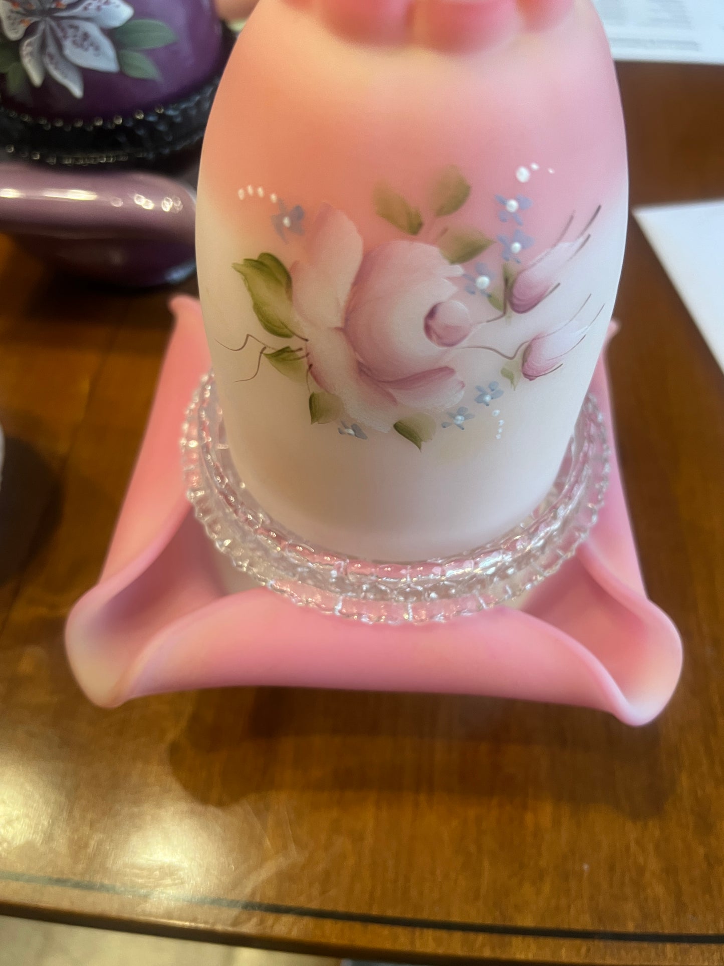 Fenton Burmese Diamond Optic 3 Piece Fairy Light Lamp With Hand Painted Roses