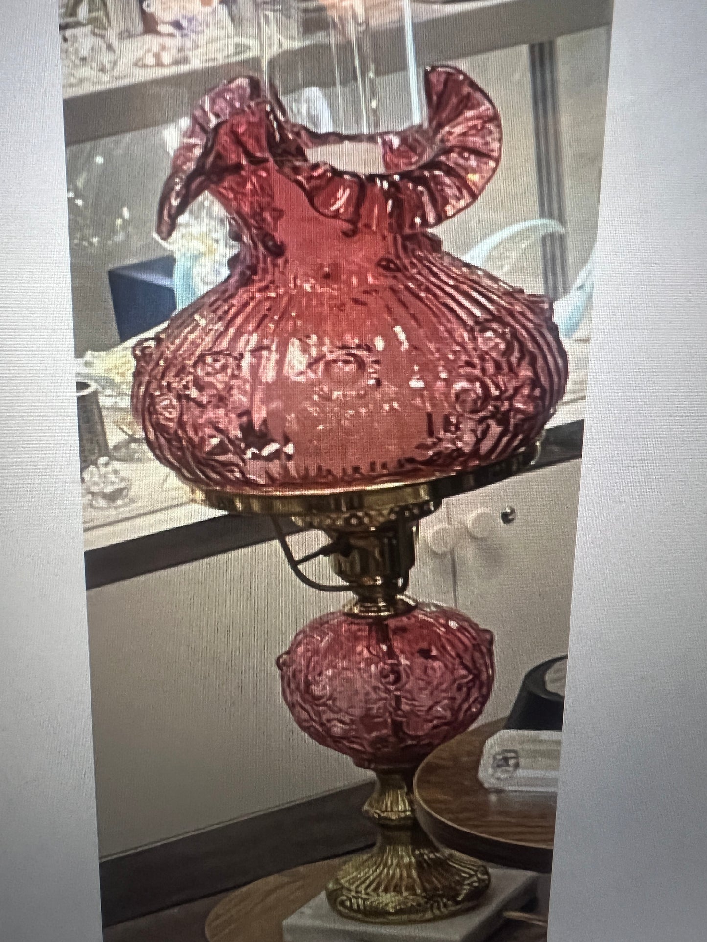 FENTON Cranberry Cabbage Rose Bud Student Lamp