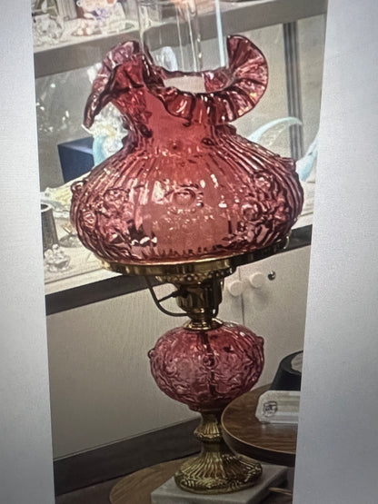FENTON Cranberry Cabbage Rose Bud Student Lamp