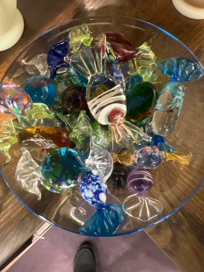 Murano candy dish filled with hand blown candies